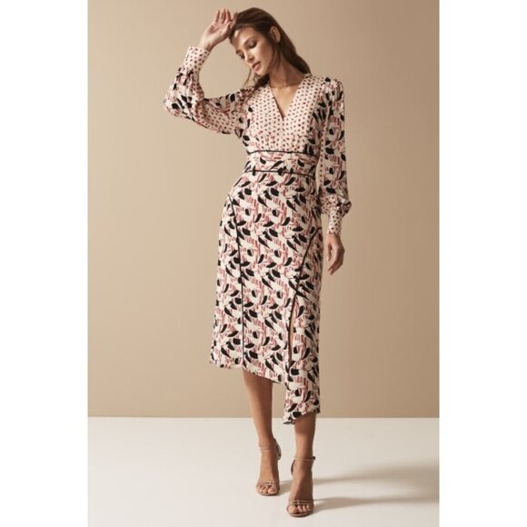 Reiss Emmi Floral Print Side Slit Asymmetric Midi Dress Red Multi Size 6 - Picture 1 of 11